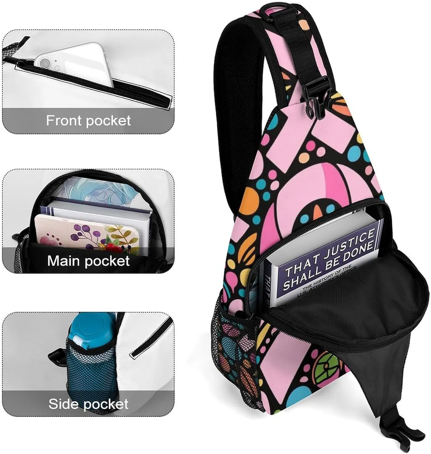 Fashion Sling Backpack, Rucksack, Colorful Ribbon Breast Cancer Awareness Art Crossbody Daypacks Chest Shoulder Packs, Carry On Bag, Outdoor Sport Daypack Travel Bag for Men Women