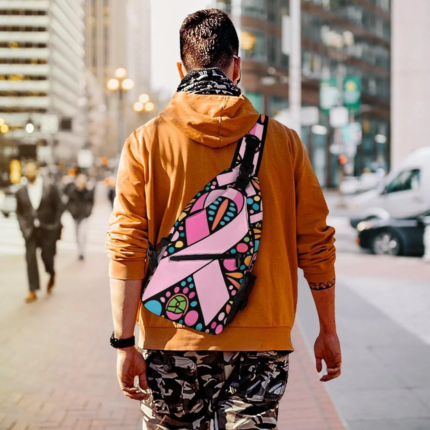 Fashion Sling Backpack, Rucksack, Colorful Ribbon Breast Cancer Awareness Art Crossbody Daypacks Chest Shoulder Packs, Carry On Bag, Outdoor Sport Daypack Travel Bag for Men Women