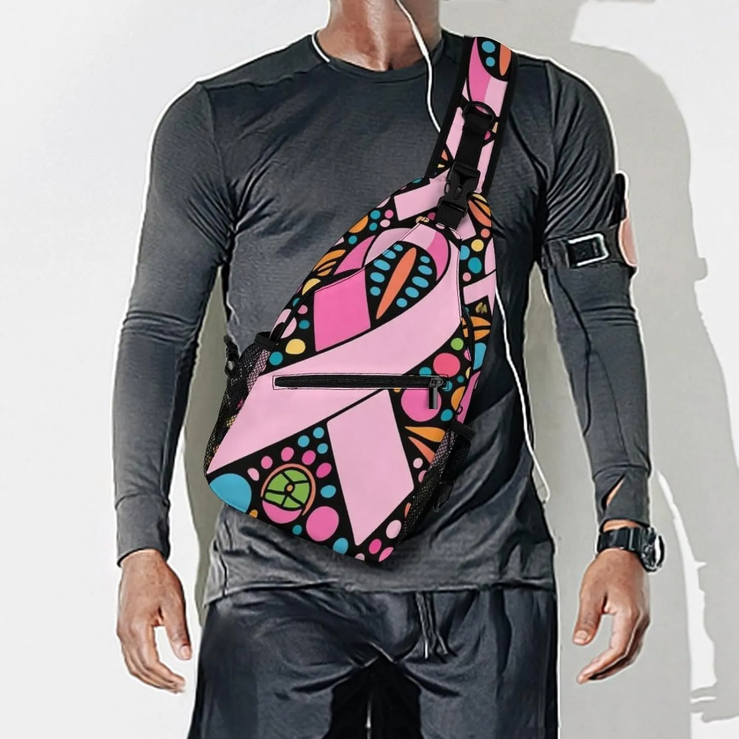 Fashion Sling Backpack, Rucksack, Colorful Ribbon Breast Cancer Awareness Art Crossbody Daypacks Chest Shoulder Packs, Carry On Bag, Outdoor Sport Daypack Travel Bag for Men Women