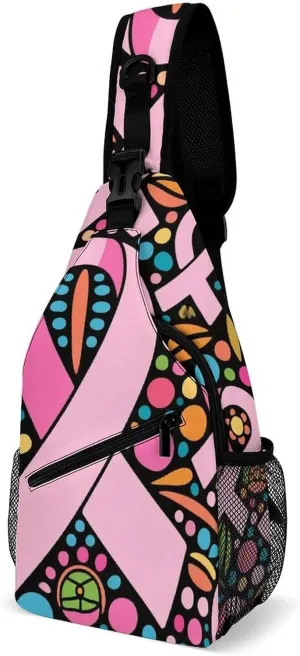 Fashion Sling Backpack, Rucksack, Colorful Ribbon Breast Cancer Awareness Art Crossbody Daypacks Chest Shoulder Packs, Carry On Bag, Outdoor Sport Daypack Travel Bag for Men Women