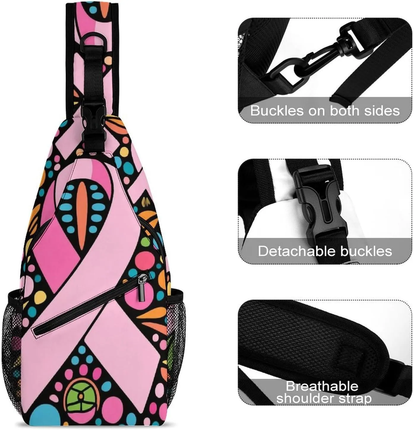 Fashion Sling Backpack, Rucksack, Colorful Ribbon Breast Cancer Awareness Art Crossbody Daypacks Chest Shoulder Packs, Carry On Bag, Outdoor Sport Daypack Travel Bag for Men Women