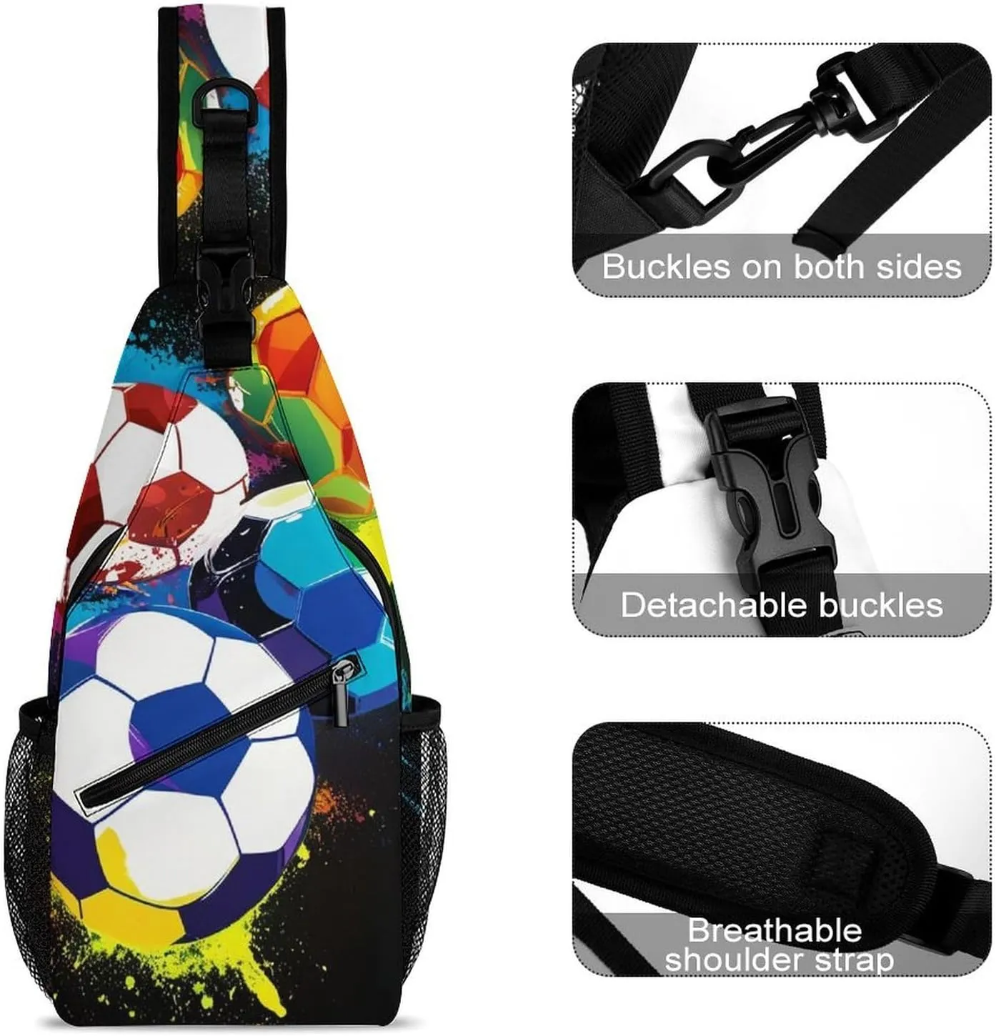 Fashion Sling Bag, Colorful Paint Splash Ink Soccer Ball Football Black Chest Pack Crossbody Bags, Tool Backpack, Gym Bags Sack Daypack Outdoor Backpack for Man Women Lady
