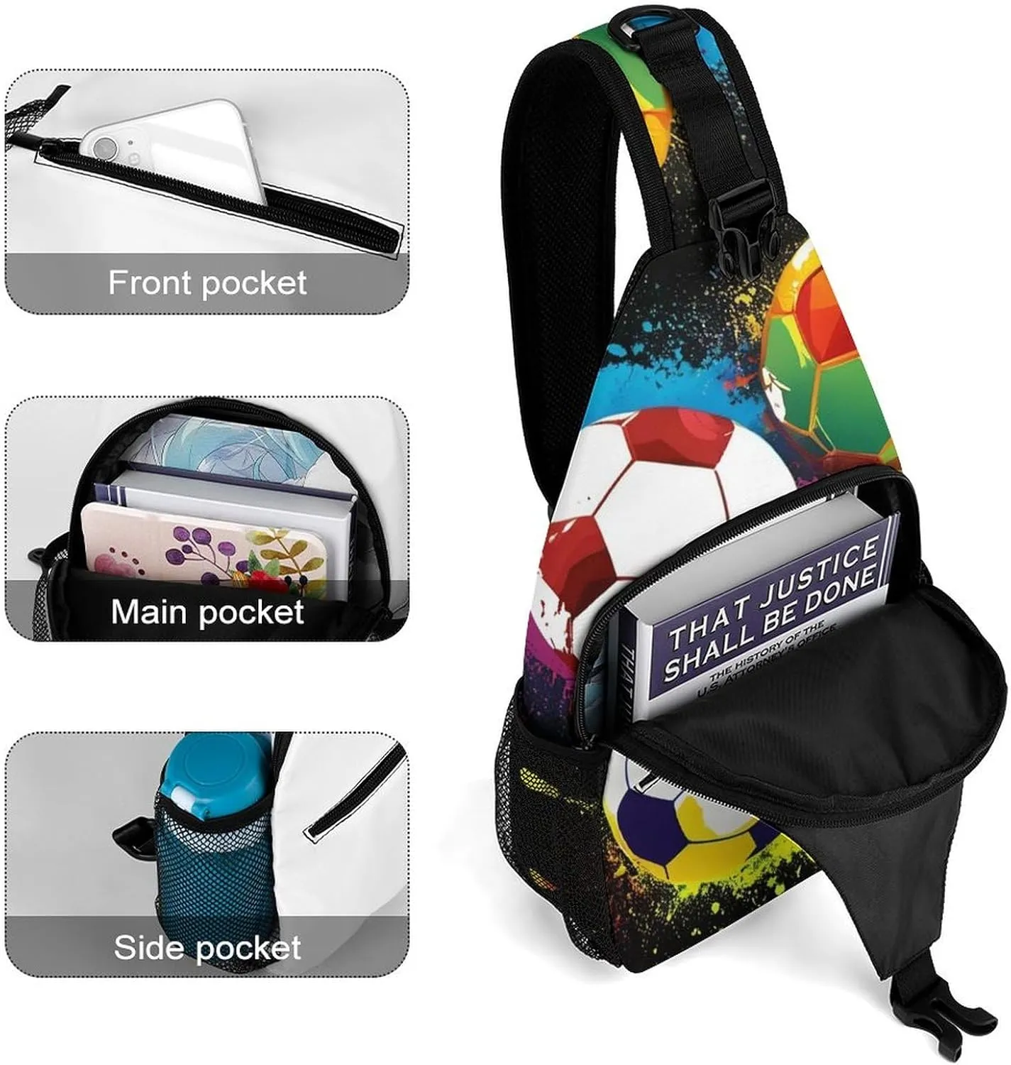 Fashion Sling Bag, Colorful Paint Splash Ink Soccer Ball Football Black Chest Pack Crossbody Bags, Tool Backpack, Gym Bags Sack Daypack Outdoor Backpack for Man Women Lady