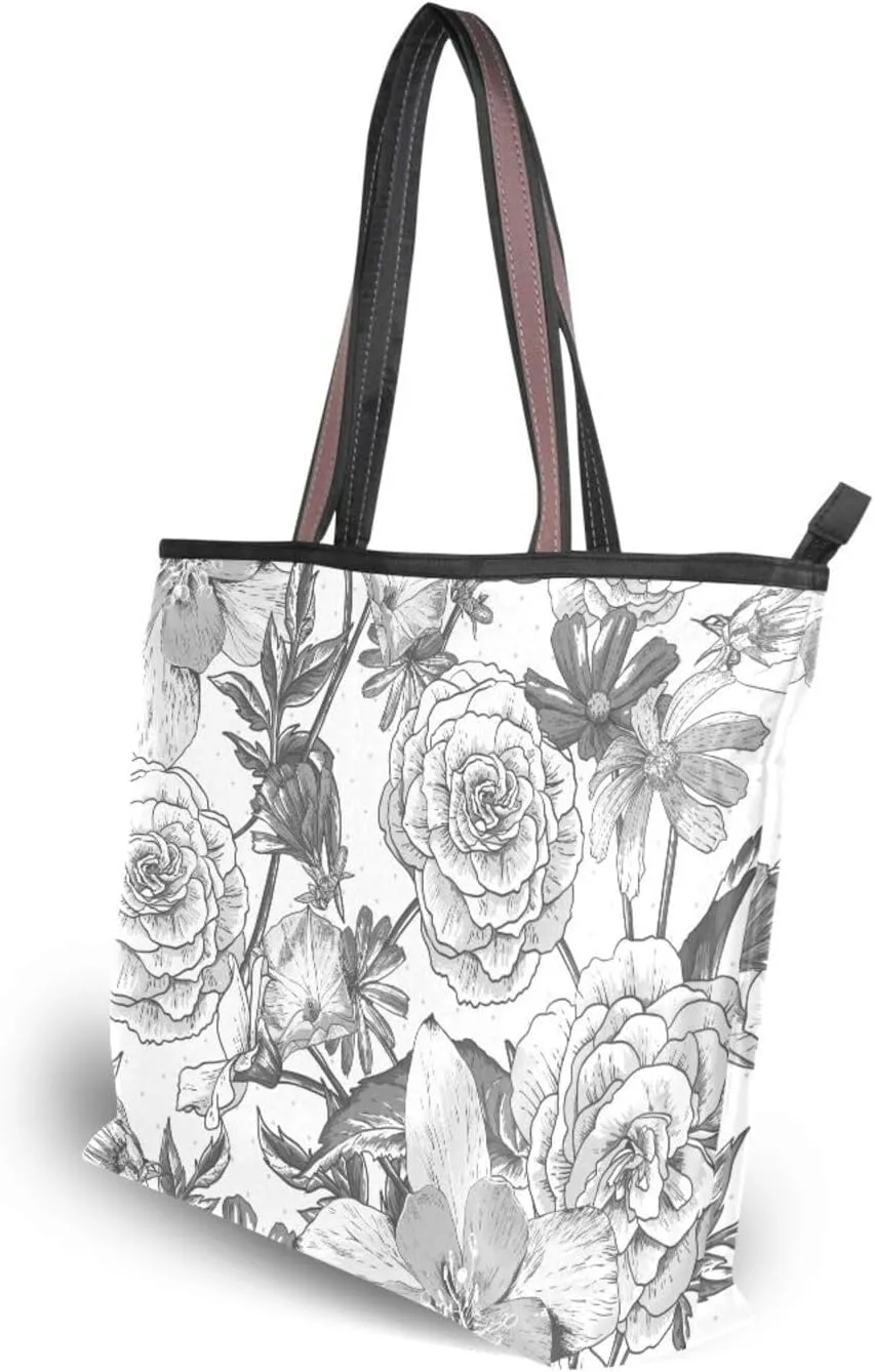 Fashion Tote Bag for Women Shoulder Handbags Top Handle Satchel Bags with Zipper Black and White Flower Pattern 1 （L）
