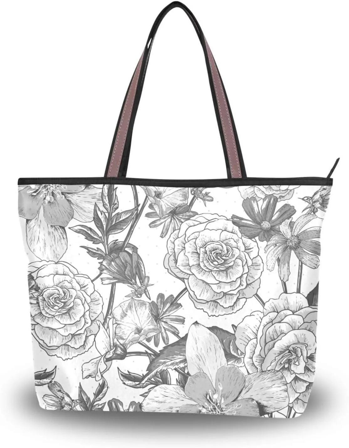 Fashion Tote Bag for Women Shoulder Handbags Top Handle Satchel Bags with Zipper Black and White Flower Pattern 1 （L）
