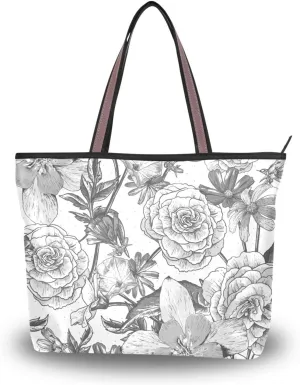 Fashion Tote Bag for Women Shoulder Handbags Top Handle Satchel Bags with Zipper Black and White Flower Pattern 1 （L）