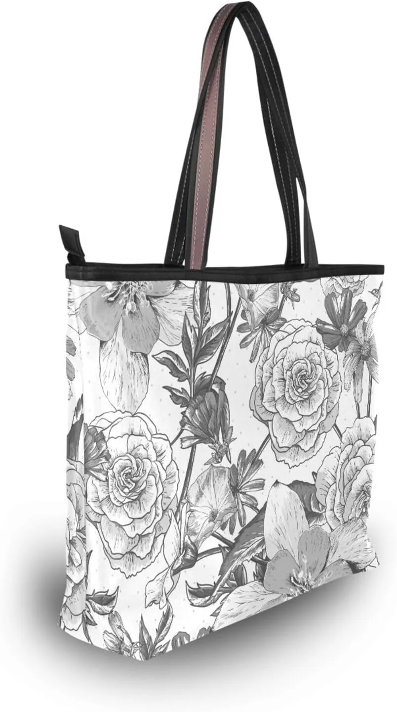 Fashion Tote Bag for Women Shoulder Handbags Top Handle Satchel Bags with Zipper Black and White Flower Pattern 1 （L）