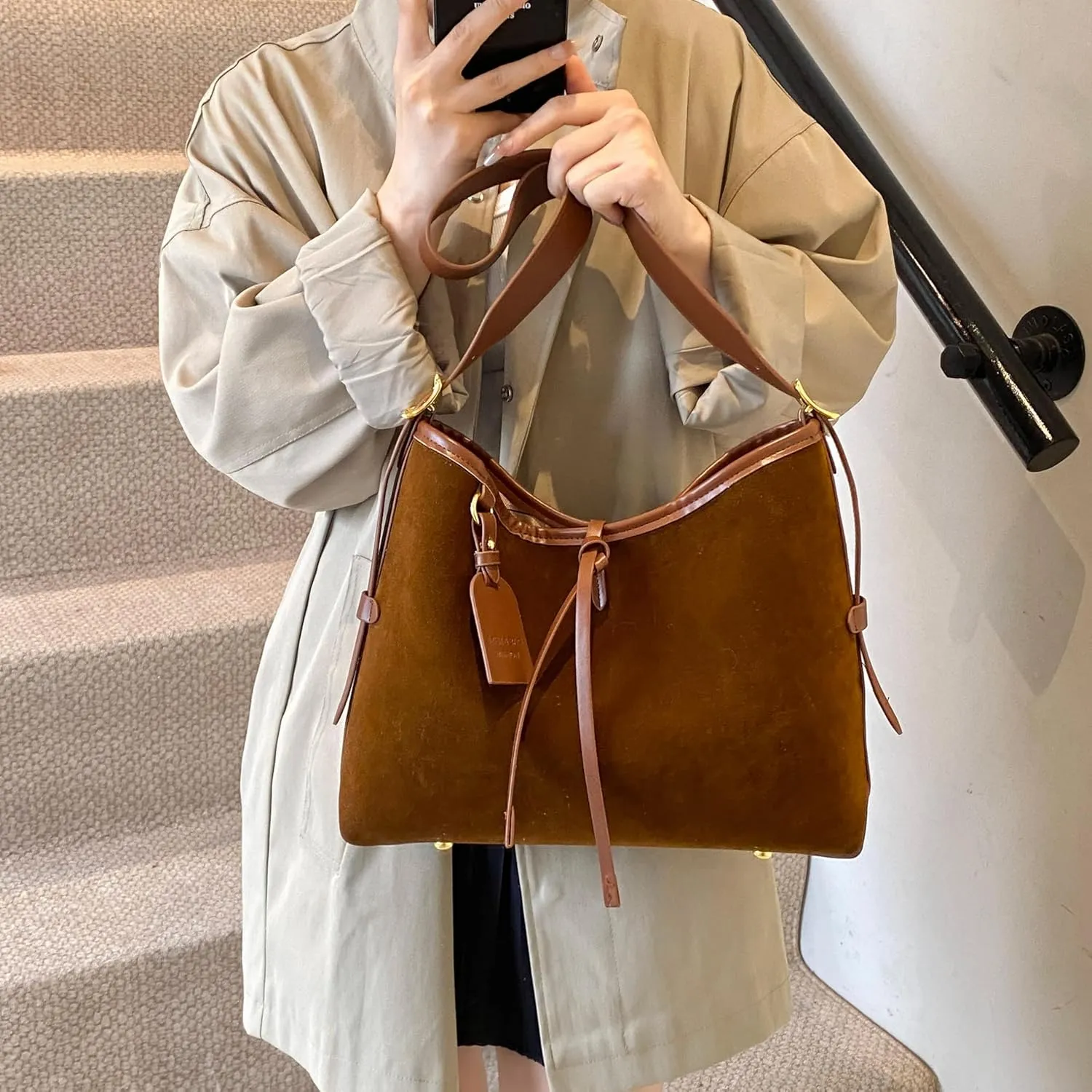 Faux Suede Tote Bag, Women's Slouchy Crossbody Shoulder Hobo Bag
