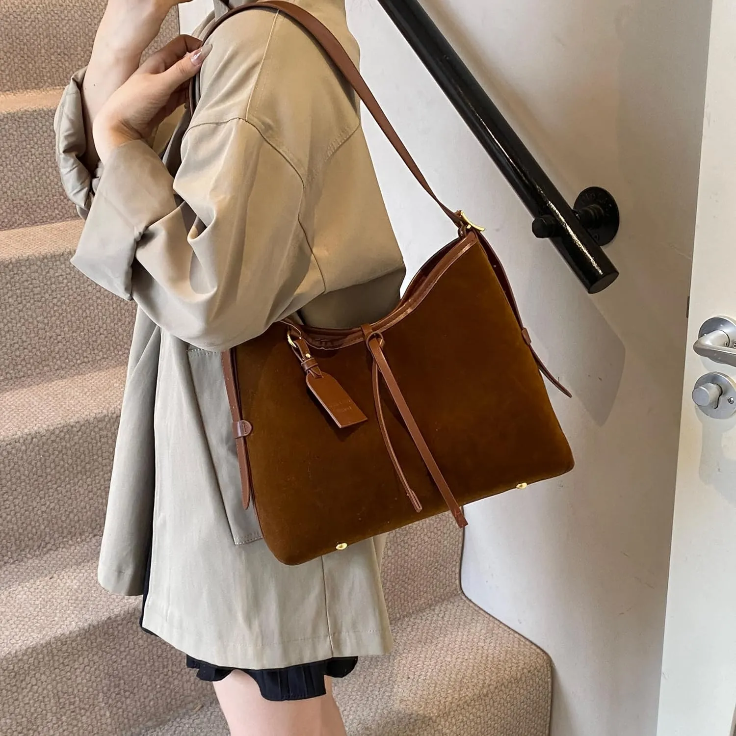 Faux Suede Tote Bag, Women's Slouchy Crossbody Shoulder Hobo Bag