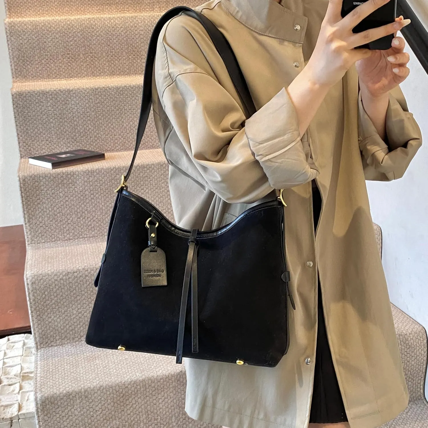 Faux Suede Tote Bag, Women's Slouchy Crossbody Shoulder Hobo Bag