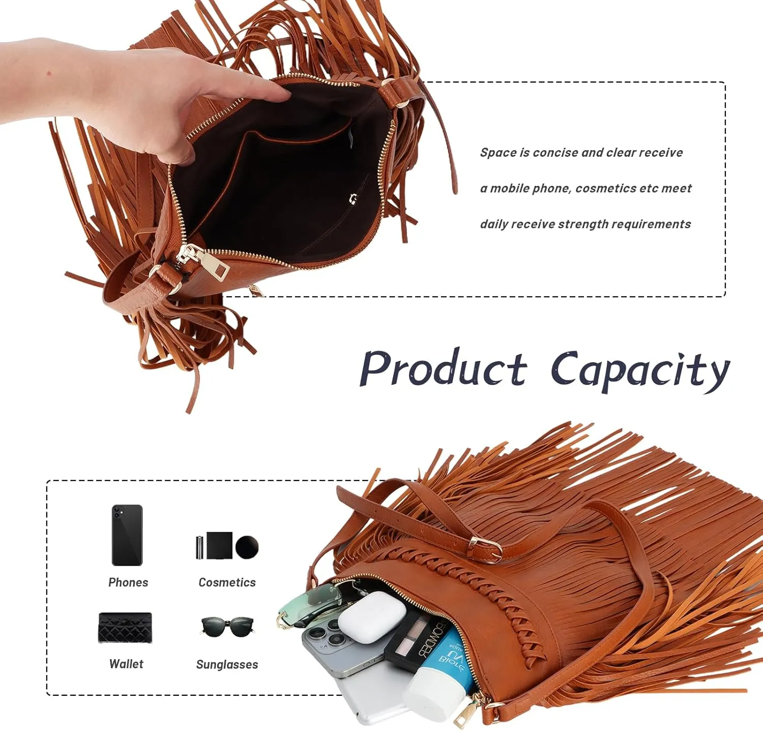 Fecialy Vintage Fringe hobo bags for Women PU Leather Tassel Crossbody Shoulder Bag Western Fringe Purse