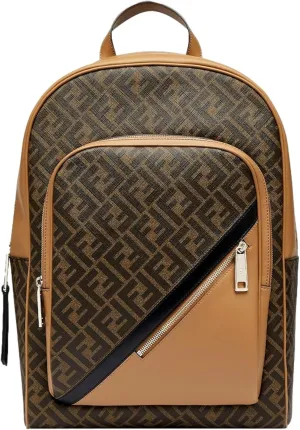 FENDI Men's FF Logo Backpack with Diagonal Pattern, Brown