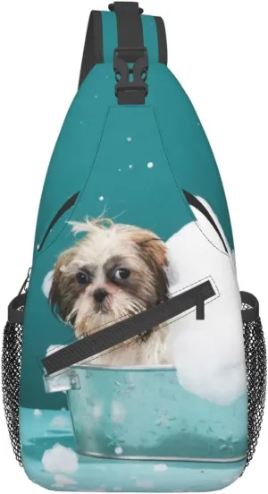 FFEXS Bath and dog Print Cross chest bag diagonally Hiking Daypack Crossbody Shoulder Bag Sling Backpack Outdoor Cycling Bag
