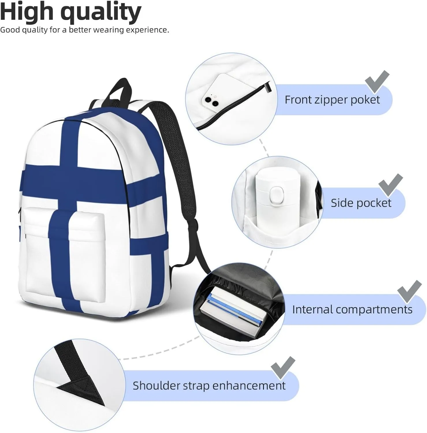 Finnish flag print Laptop Backpack for Travel Computer,Casual Daypack Bookbag for College Work for Women Men