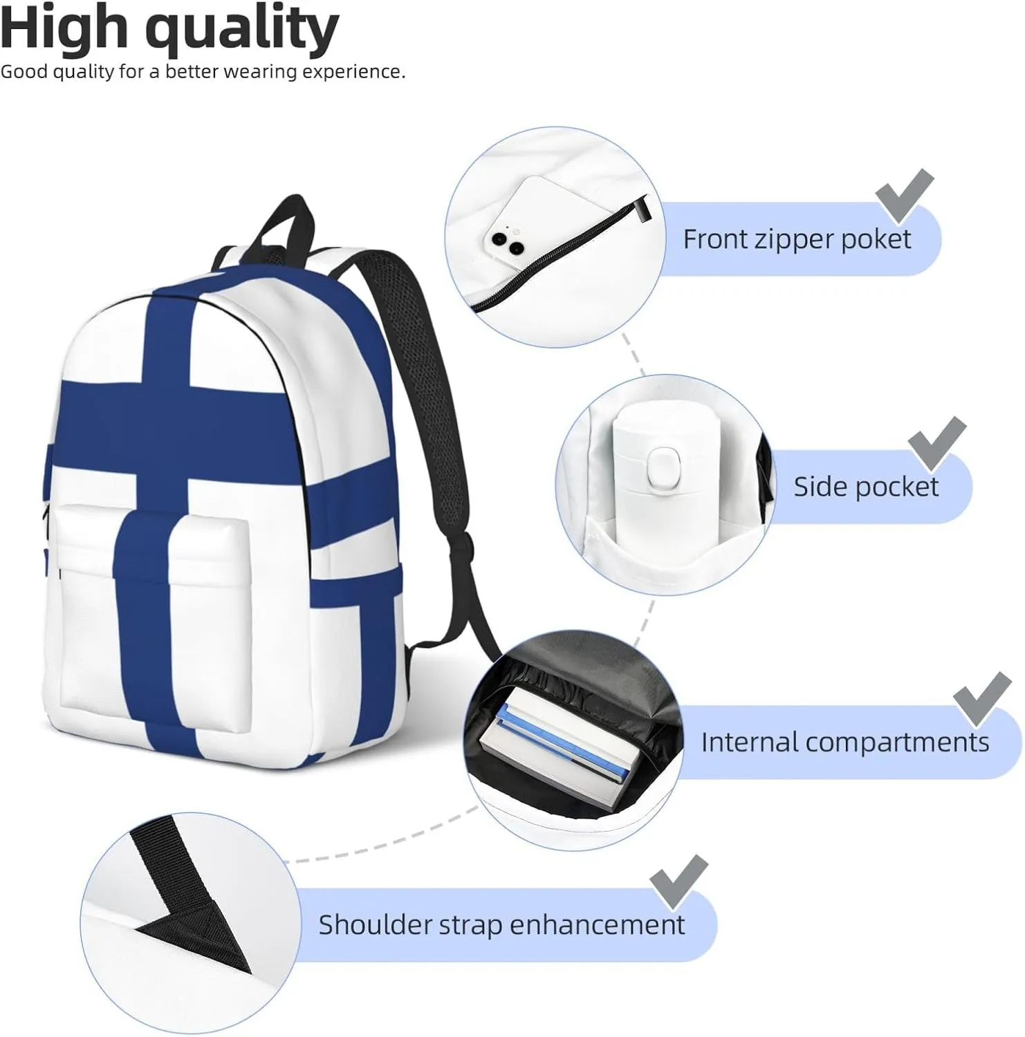 Finnish flag print Laptop Backpack for Women Men,Bookbag Casual Daypackfor College Work for Travel Computer