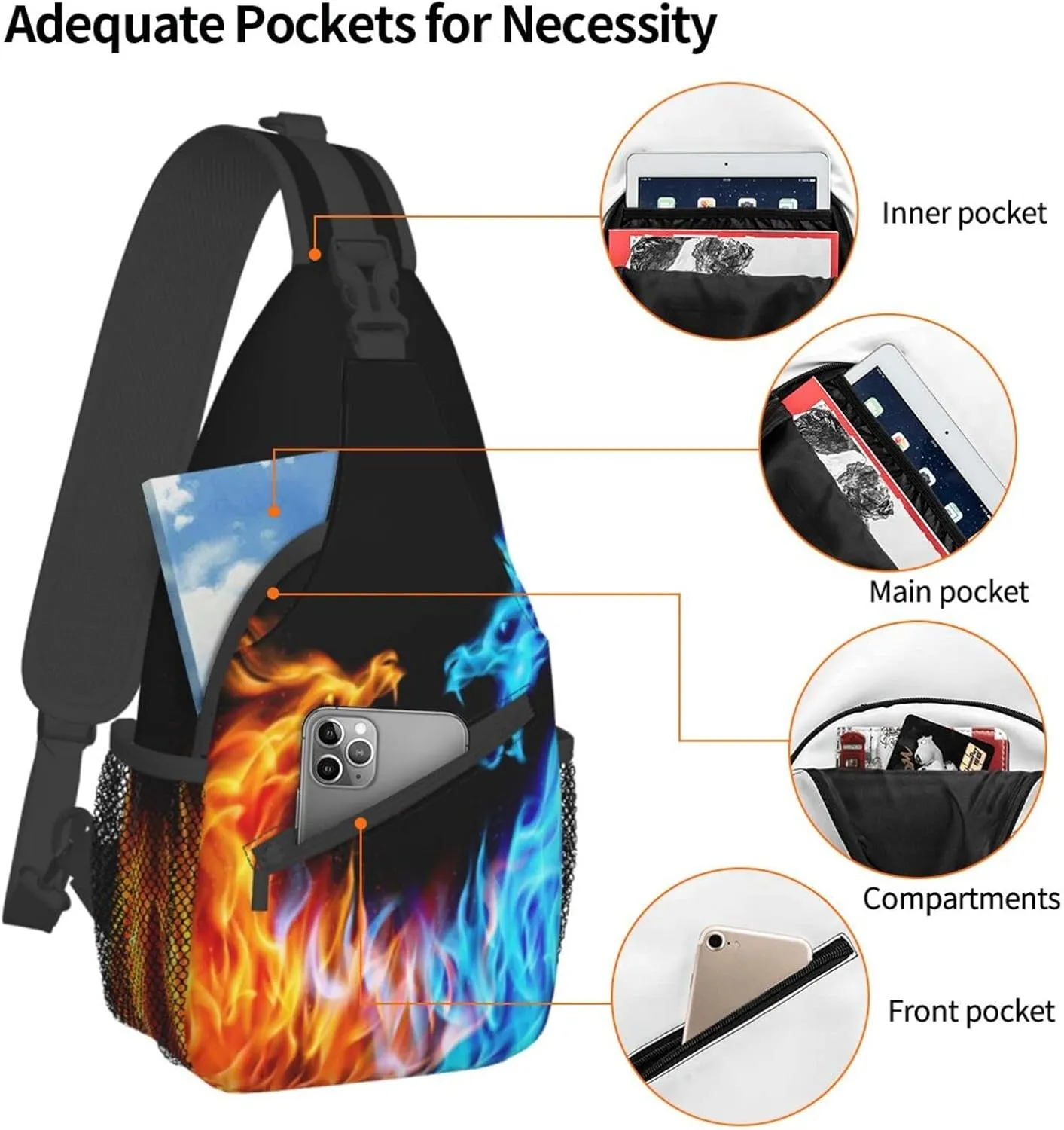 Fire Water Dragon Sling Bag Crossbody Travel Hiking Backpack Daypack for Women Men Unisex，Shoulder Chest Bags Cycling Gym One Size
