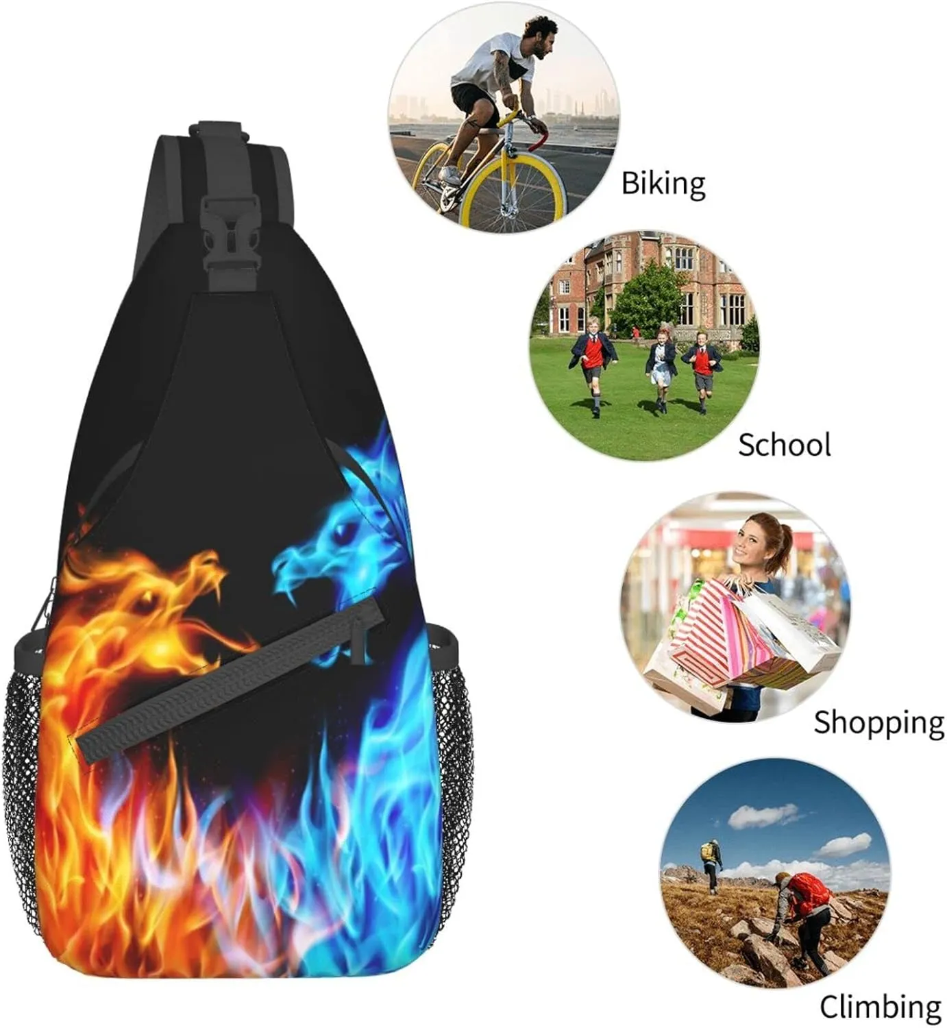 Fire Water Dragon Sling Bag Crossbody Travel Hiking Backpack Daypack for Women Men Unisex，Shoulder Chest Bags Cycling Gym One Size