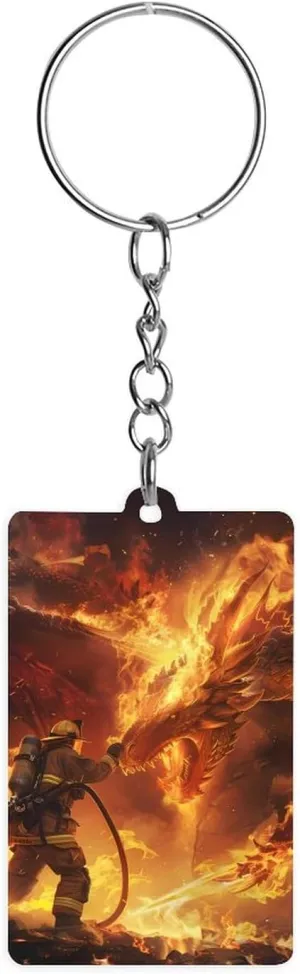 Firefighter Fighting Against Flames Dragon Acrylic Keychain with Picture Bag Decorative Accessories Keychain for Car Keys Surprise Holiday Gift 1PC