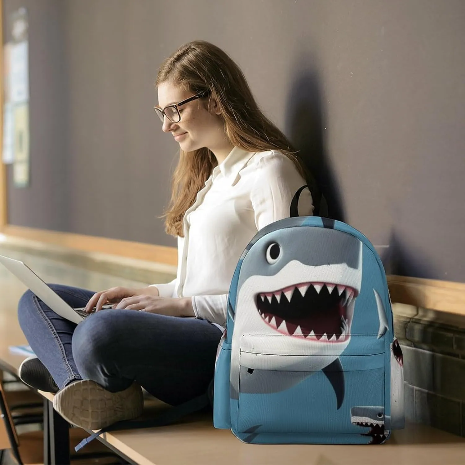 Fish Print Laptop Backpacks Casual Shoulder Bag Travel Daypack Fashion for Men Women