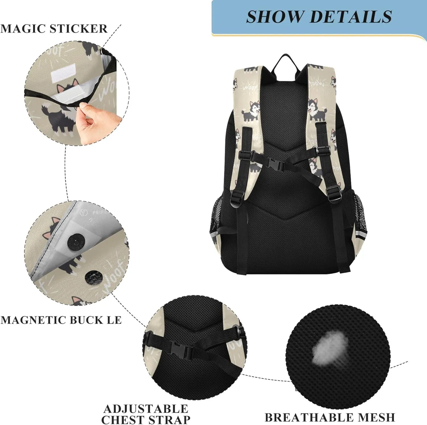 Fisyme Black Siberian Husky Dog School Backpack Laptop Backpack Bags Bookbag Travel Casual Computer Notebooks Daypack