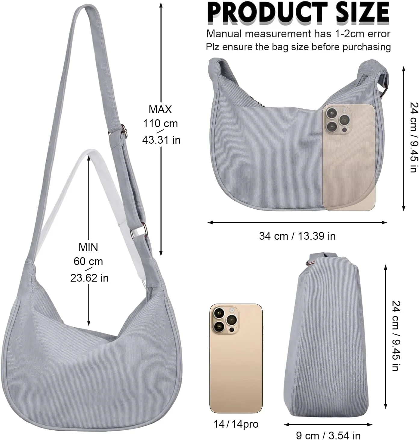 FITDON Corduroy Crescent Crossbody Bag for Women Men, Small Sling Hobos Dumpling Bag Crescent Purse