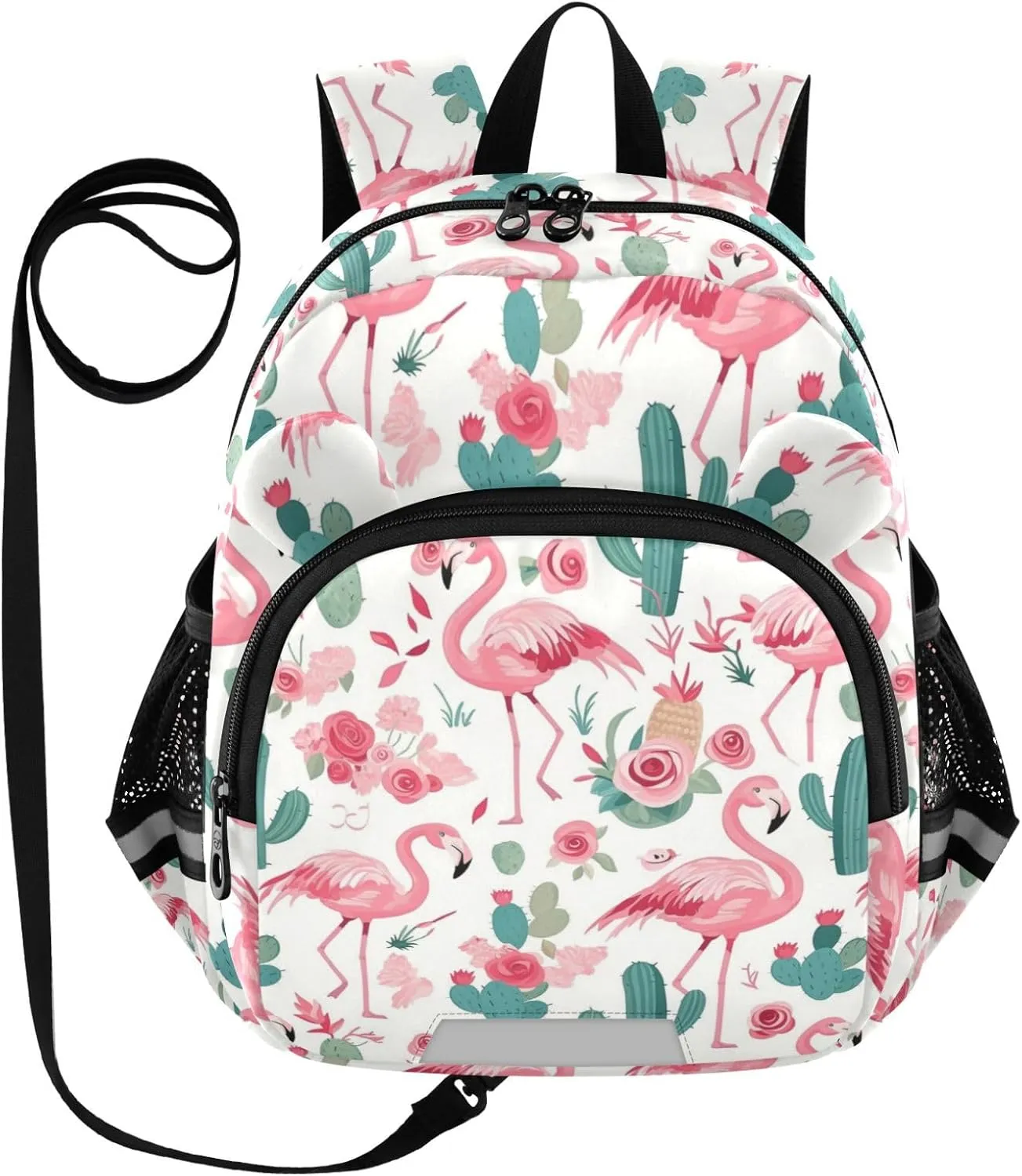 Flamingo Cacti Preschool Backpack Roses Daycare Bookbag School Backpack with Traction Rope for Kids 3-6