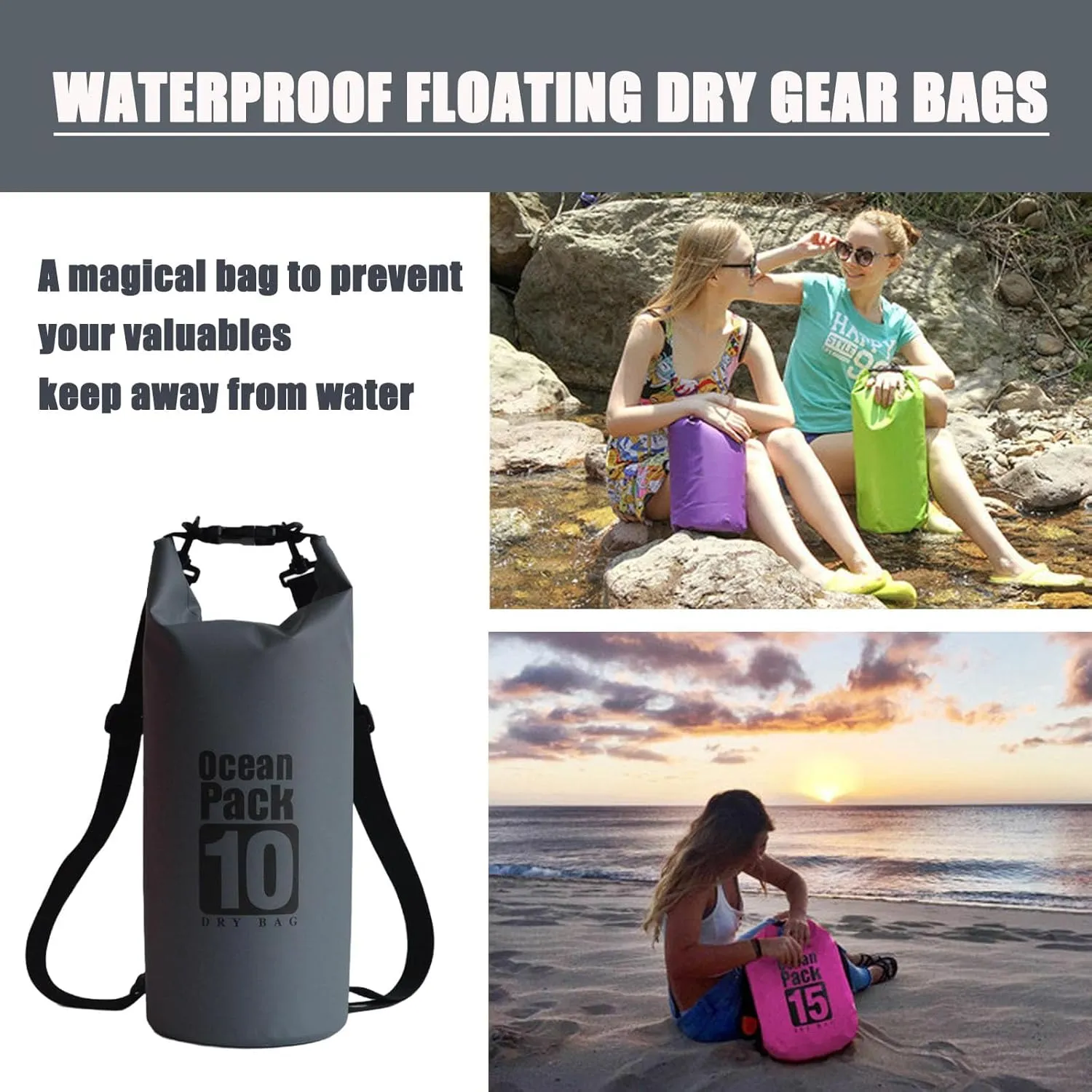 Floating Waterproof Dry Bag Backpack 5L/10L/20L, Roll Top Bag for Kayaking, Rafting, Boating, Swimming, Camping, Hiking, Beach, Fishing, Waterproof Beach Bag. (Gray, 10L)