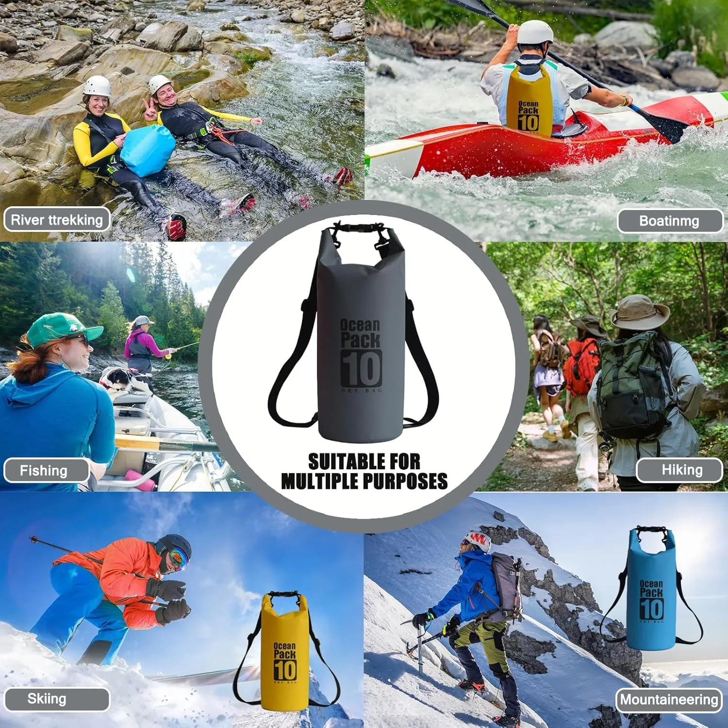 Floating Waterproof Dry Bag Backpack 5L/10L/20L, Roll Top Bag for Kayaking, Rafting, Boating, Swimming, Camping, Hiking, Beach, Fishing, Waterproof Beach Bag. (Gray, 10L)