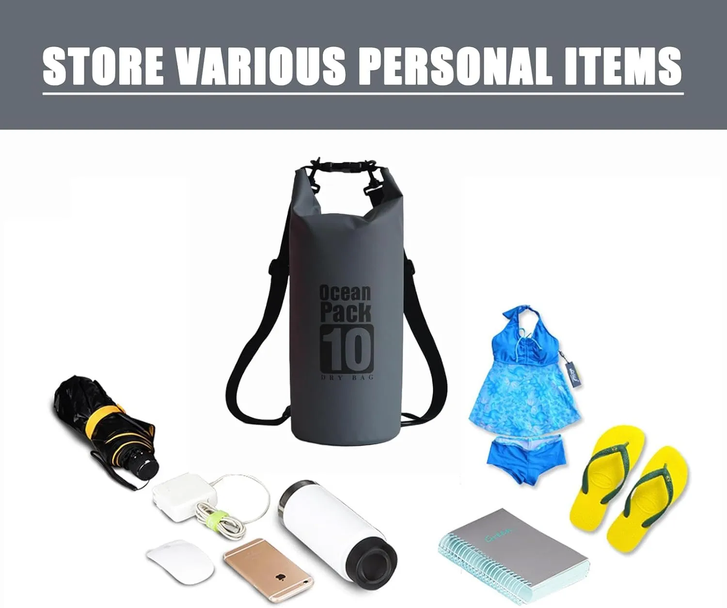 Floating Waterproof Dry Bag Backpack 5L/10L/20L, Roll Top Bag for Kayaking, Rafting, Boating, Swimming, Camping, Hiking, Beach, Fishing, Waterproof Beach Bag. (Gray, 10L)
