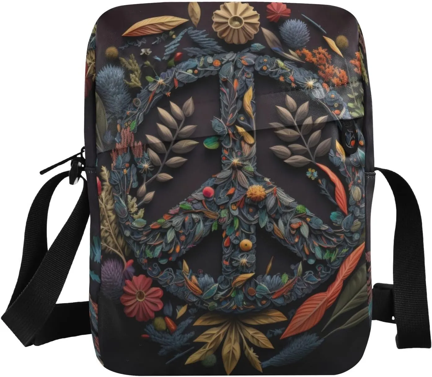 Floral Peace Sign Crossbody Bag Zipper Closure Sling Bag with Card Phone Passport Compartment 6.6×9.4×2.5 inches