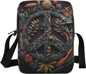 Floral Peace Sign Crossbody Bag Zipper Closure Sling Bag with Card Phone Passport Compartment 6.6×9.4×2.5 inches