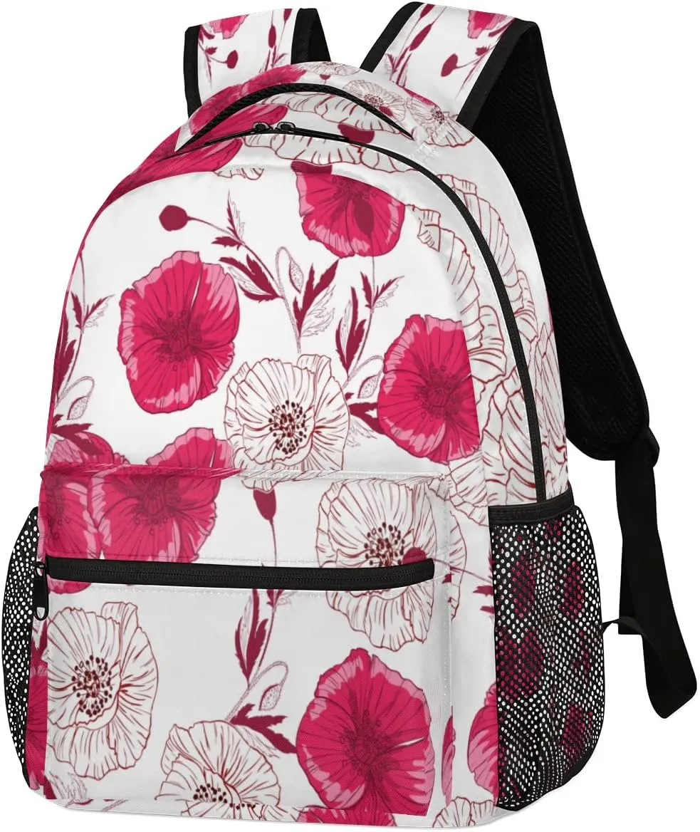 Flourish Poppies Backpack, Red Flower Backpacks Shoulder Bag Casual Travel Laptop Daypack Bags