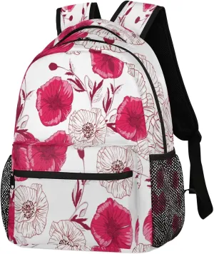 Flourish Poppies Backpack, Red Flower Backpacks Shoulder Bag Casual Travel Laptop Daypack Bags