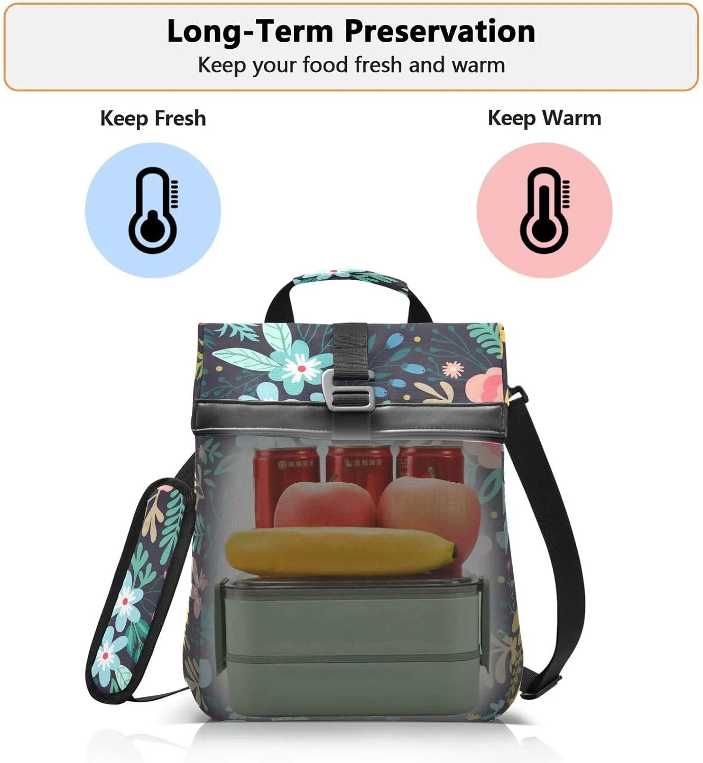 Flower bush Rolltop Lunch Bag Insulated Foldable Lunch Box Portable for Women with Adjustable Shoulder Strap for Adults Teens School Work Office Picnic