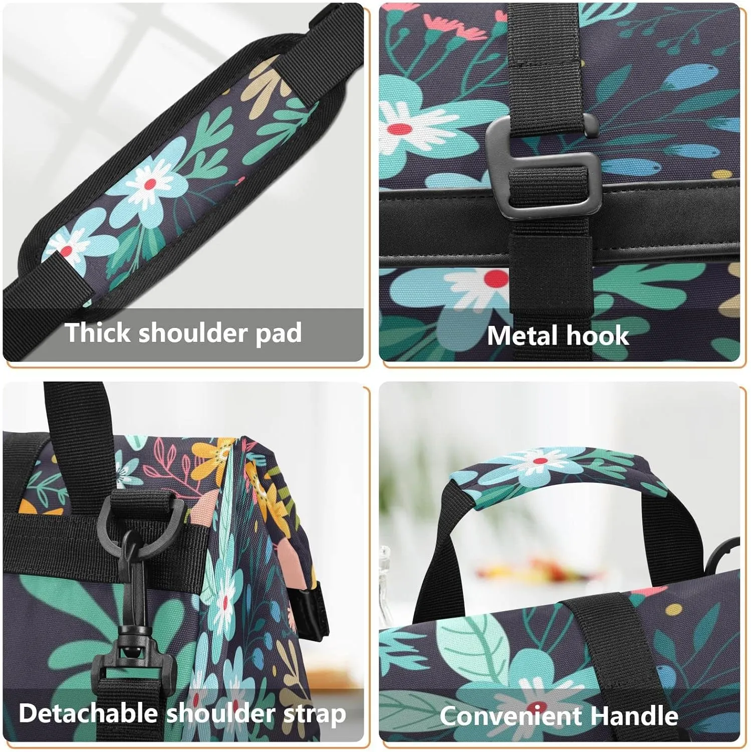 Flower bush Rolltop Lunch Bag Insulated Foldable Lunch Box Portable for Women with Adjustable Shoulder Strap for Adults Teens School Work Office Picnic