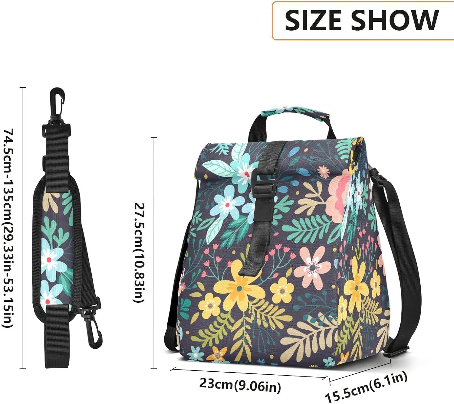 Flower bush Rolltop Lunch Bag Insulated Foldable Lunch Box Portable for Women with Adjustable Shoulder Strap for Adults Teens School Work Office Picnic