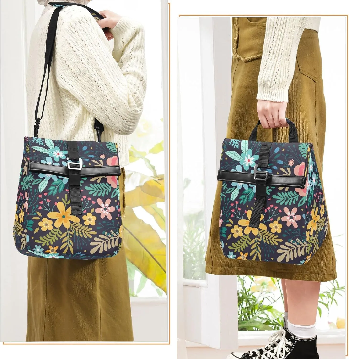 Flower bush Rolltop Lunch Bag Insulated Foldable Lunch Box Portable for Women with Adjustable Shoulder Strap for Adults Teens School Work Office Picnic