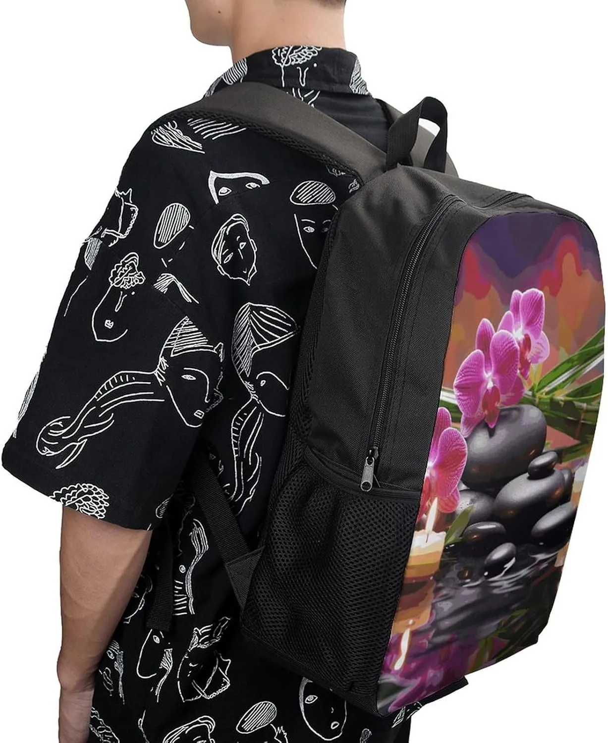 Flowers in Fountain Massage Stones Backpack, Laptop Backpack for Men, 17 Inch Travel Hiking Daypack, Casual Backpack