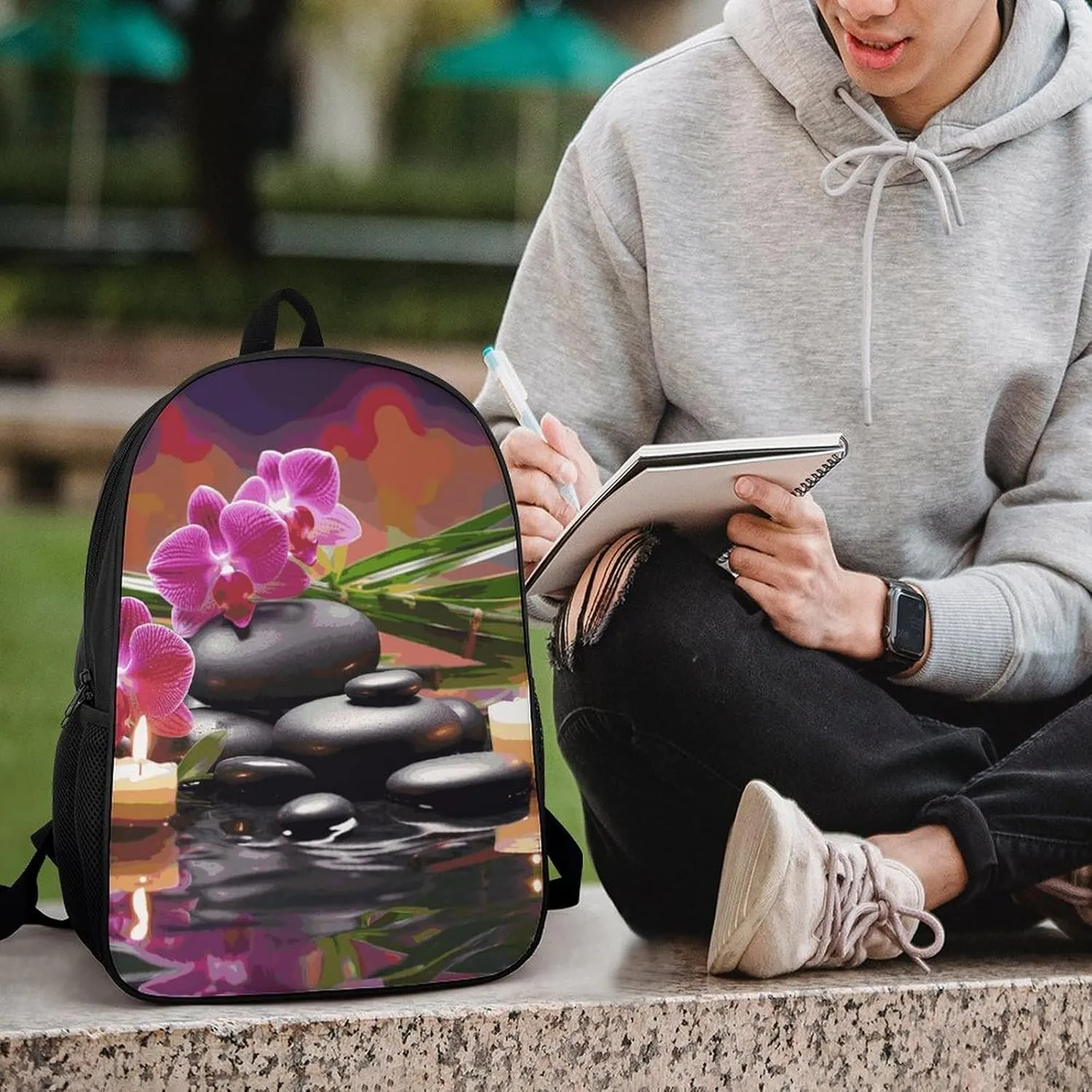 Flowers in Fountain Massage Stones Backpack, Laptop Backpack for Men, 17 Inch Travel Hiking Daypack, Casual Backpack