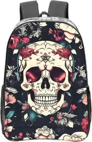 Flowers Skull Ornamental Pattern Print Unisex Transparent Backpack PVC Clear Bag Large Compartment Side Pocket Daily Use