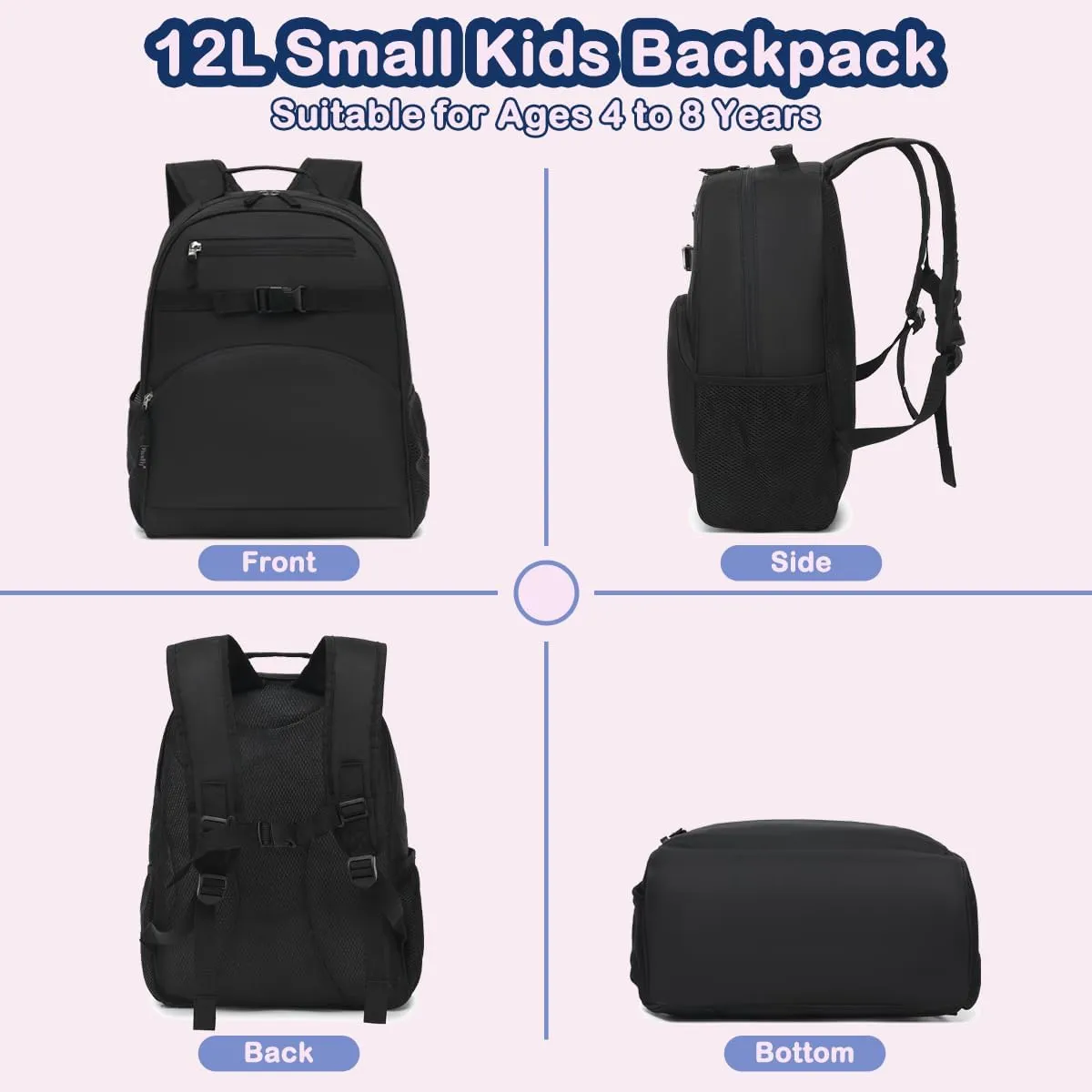 FlowFly Kids Backpack for Toddler Boys Girls, Simple Lightweight Bookbag for Daycare Kindergarten Elementary School Travel, Small Modern Bag (Medium 15'', Black)