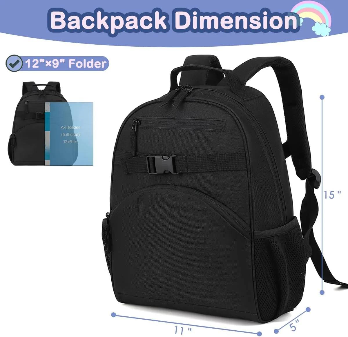 FlowFly Kids Backpack for Toddler Boys Girls, Simple Lightweight Bookbag for Daycare Kindergarten Elementary School Travel, Small Modern Bag (Medium 15'', Black)