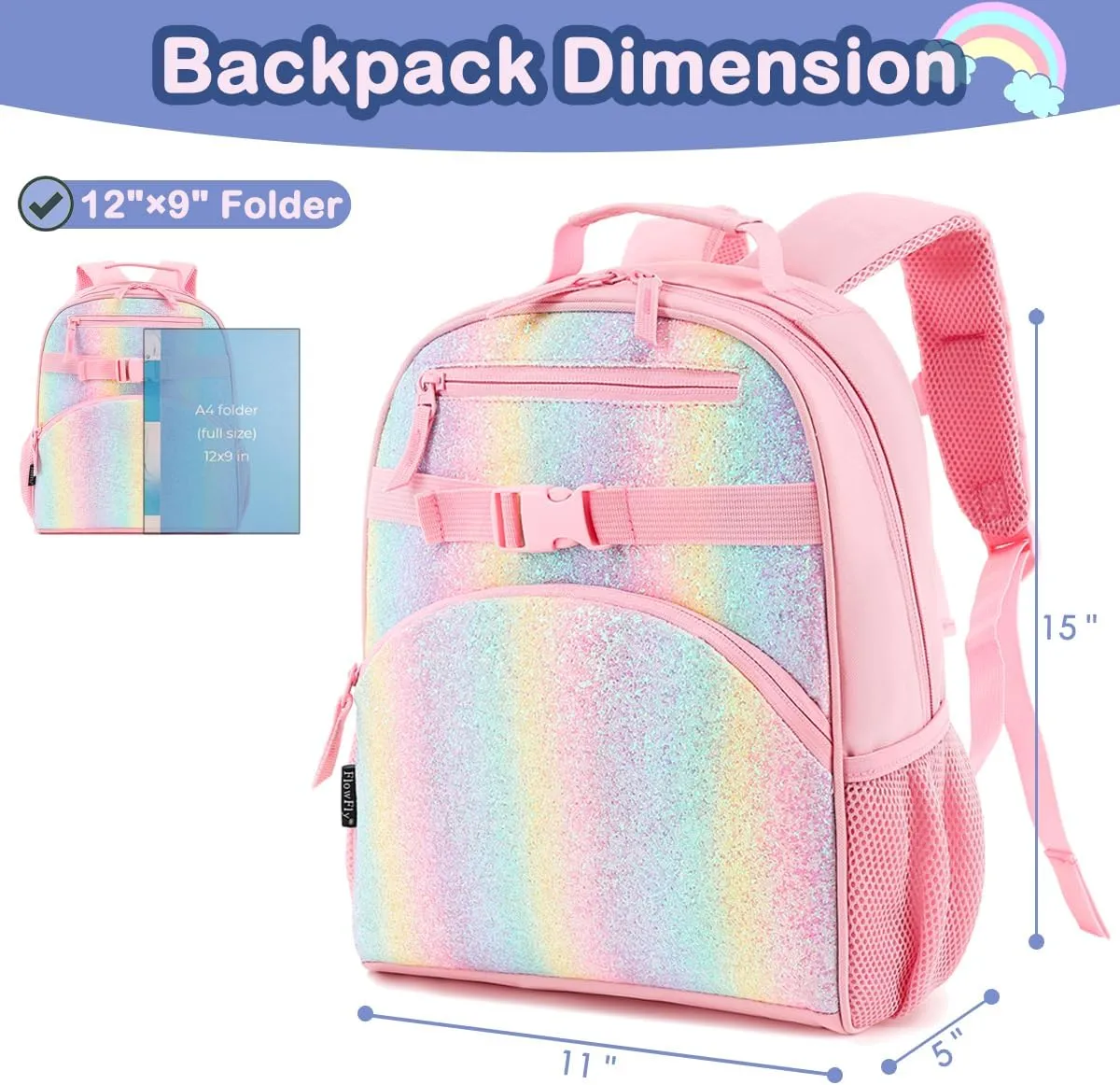 FlowFly Kids Backpack for Toddler Boys Girls, Simple Lightweight Bookbag for Daycare Kindergarten Elementary School Travel, Small Modern Bag (Medium 15'', Glitter-Rainbow)