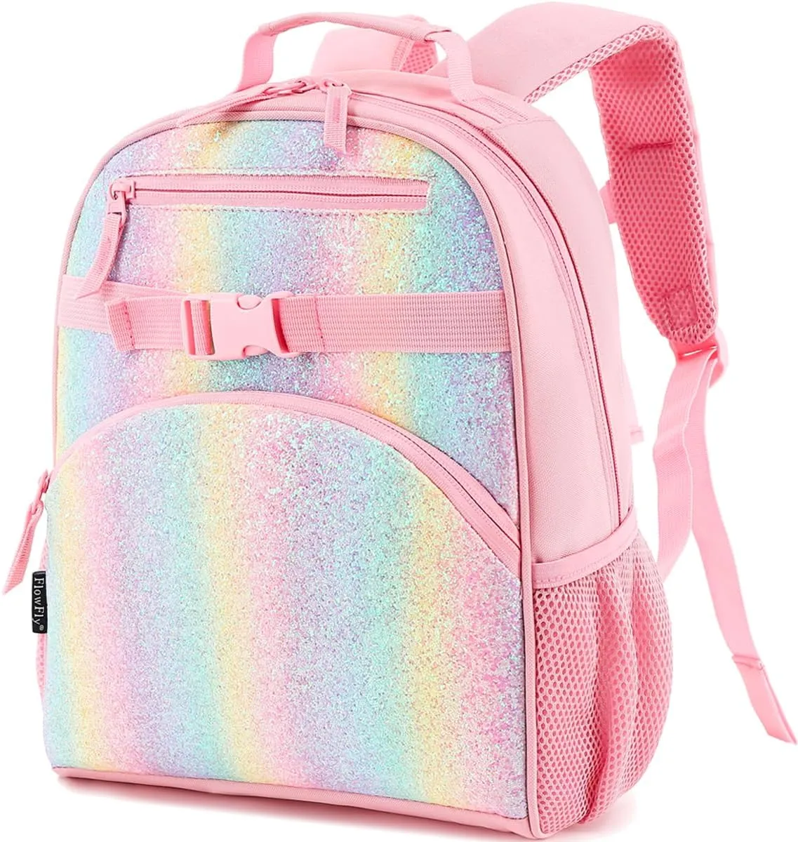 FlowFly Kids Backpack for Toddler Boys Girls, Simple Lightweight Bookbag for Daycare Kindergarten Elementary School Travel, Small Modern Bag (Medium 15'', Glitter-Rainbow)