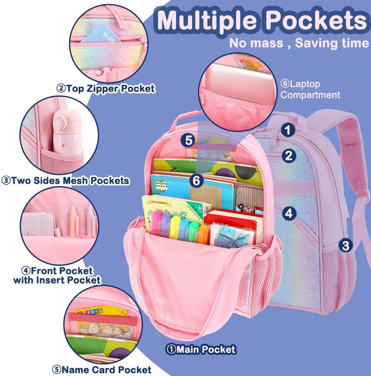 FlowFly Kids Backpack for Toddler Boys Girls, Simple Lightweight Bookbag for Daycare Kindergarten Elementary School Travel, Small Modern Bag (Medium 15'', Glitter-Rainbow)