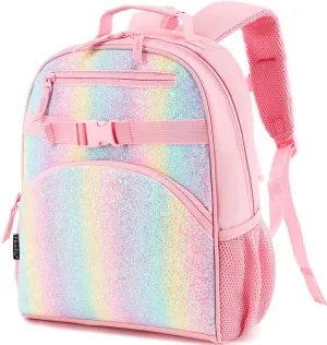 FlowFly Kids Backpack for Toddler Boys Girls, Simple Lightweight Bookbag for Daycare Kindergarten Elementary School Travel, Small Modern Bag (Medium 15'', Glitter-Rainbow)