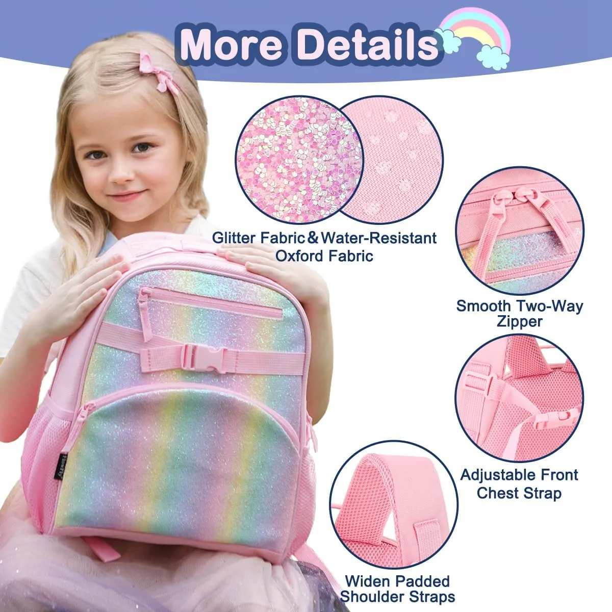 FlowFly Kids Backpack for Toddler Boys Girls, Simple Lightweight Bookbag for Daycare Kindergarten Elementary School Travel, Small Modern Bag (Medium 15'', Glitter-Rainbow)