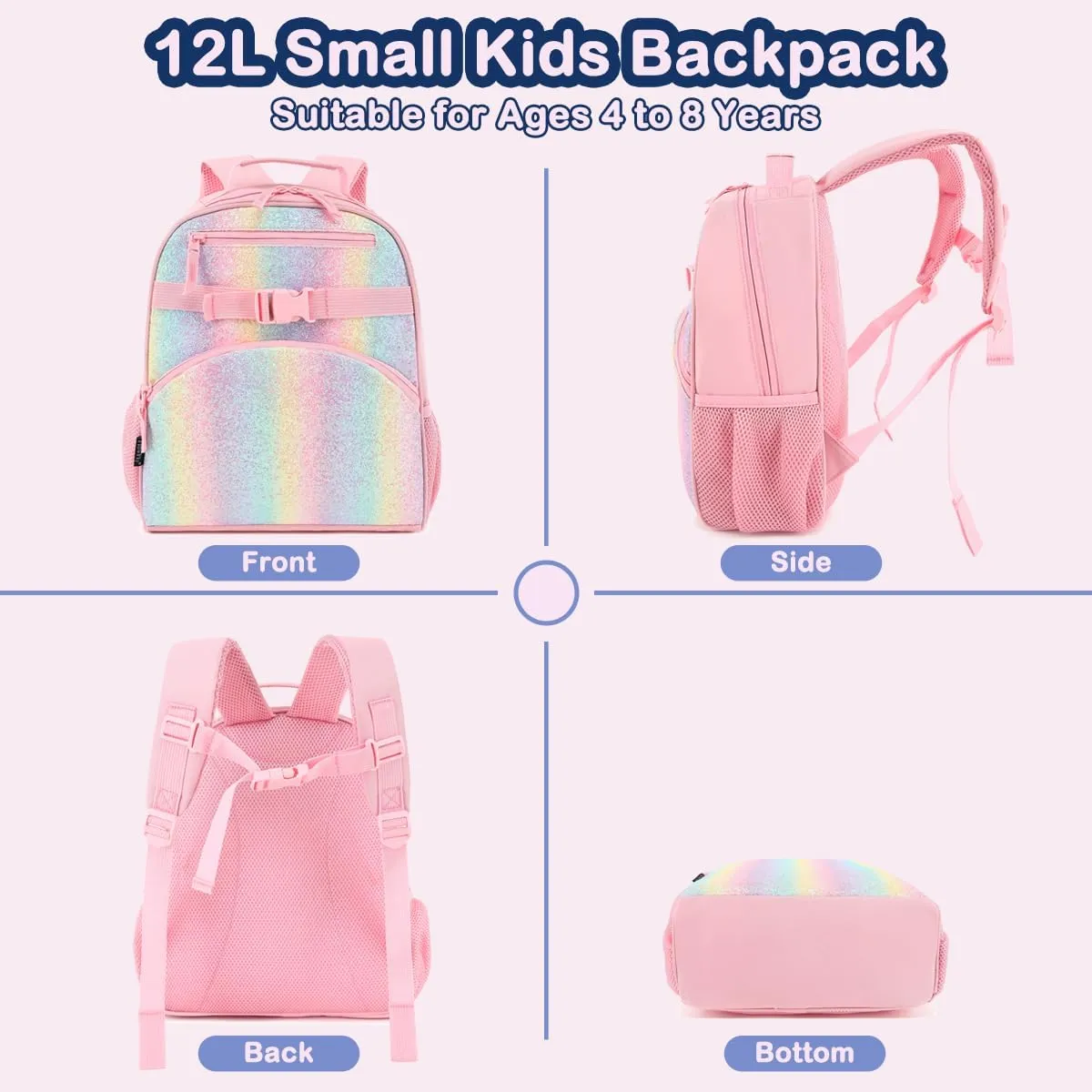 FlowFly Kids Backpack for Toddler Boys Girls, Simple Lightweight Bookbag for Daycare Kindergarten Elementary School Travel, Small Modern Bag (Medium 15'', Glitter-Rainbow)