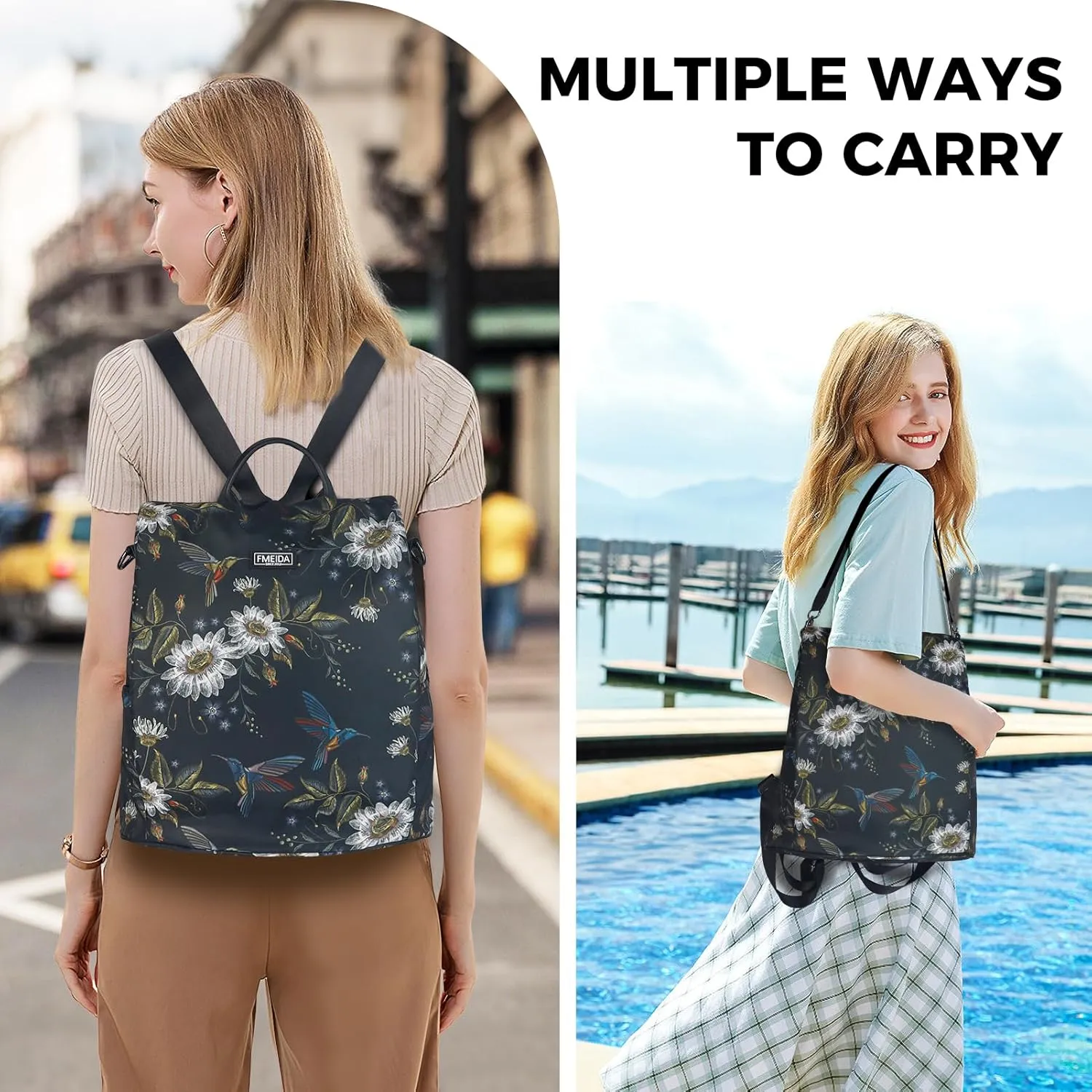 Fmeida Backpack Purse for Women Travel Anti-Theft Backpack Nylon Waterproof Daypack Fashion College Bookbag Cute Hummingbird