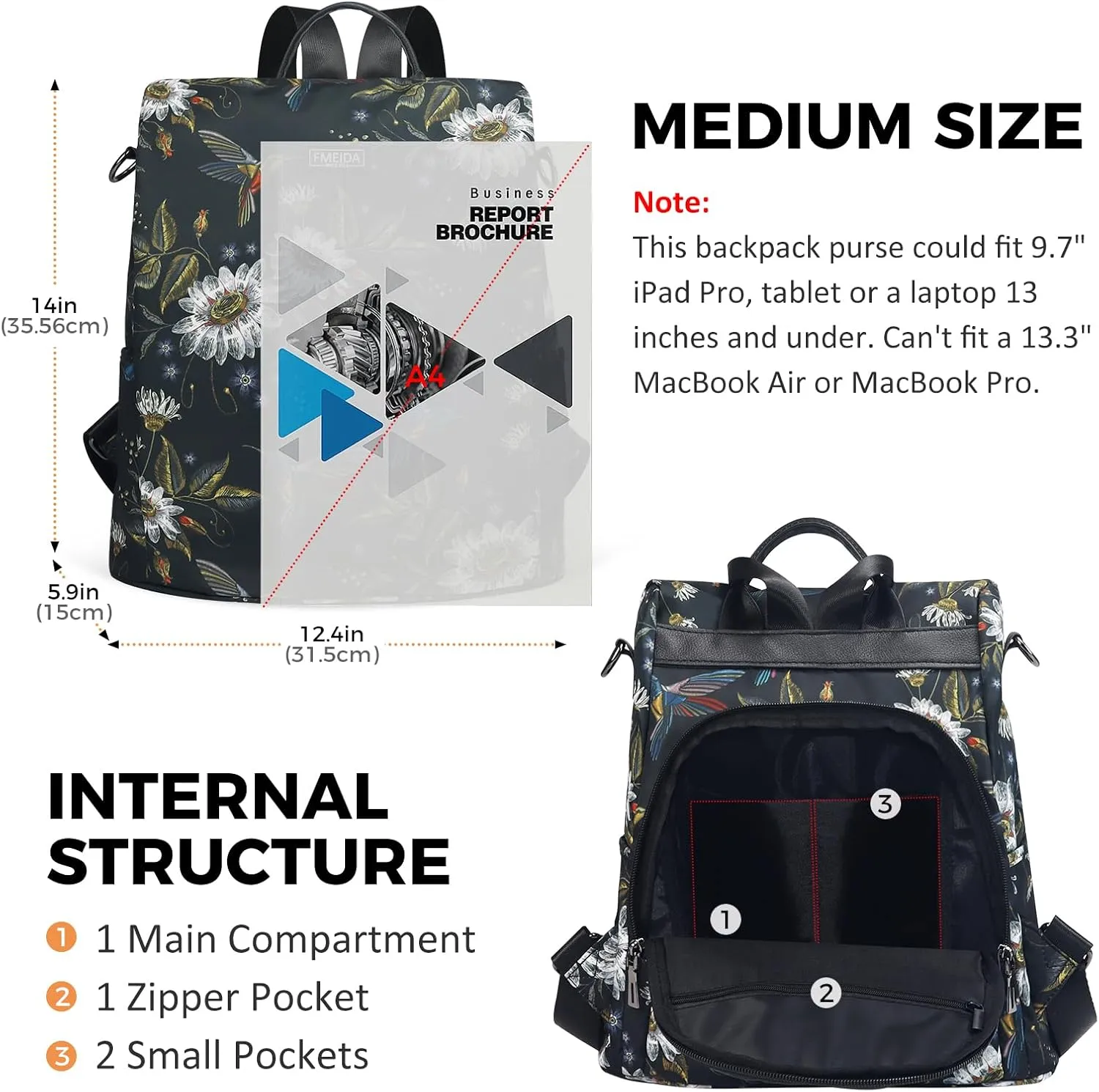 Fmeida Backpack Purse for Women Travel Anti-Theft Backpack Nylon Waterproof Daypack Fashion College Bookbag Cute Hummingbird